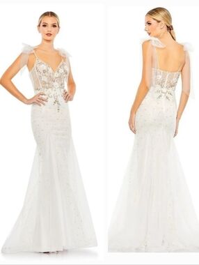 Mac Duggal White And Gold Crystals Tulle Bridal Mermaid Gown with Bow Straps